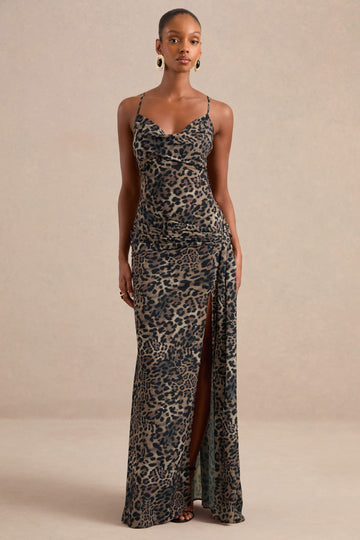 Virtue | Brown Leopard Print Cowl-Neck Fishtail Sheer Maxi Dress With Split