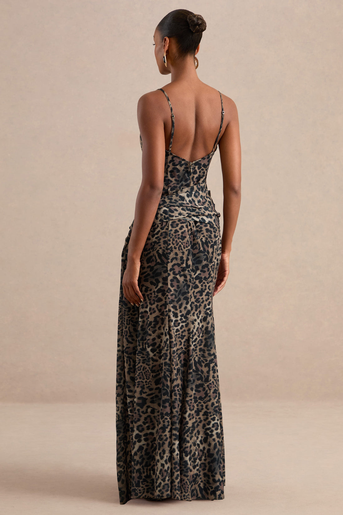 Virtue | Brown Leopard Print Cowl-Neck Fishtail Sheer Maxi Dress With Split