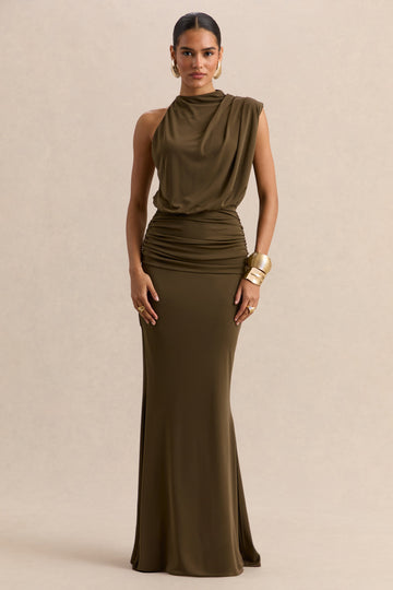 Umaira | Khaki Green Maxi Dress With High Neck