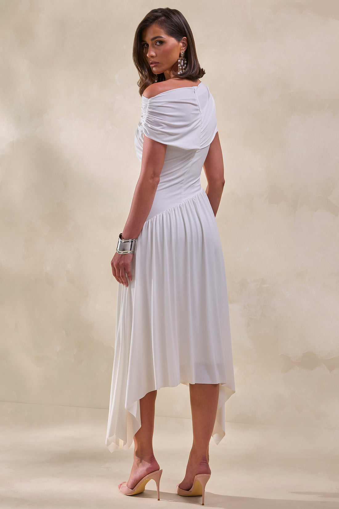Lorina | White High-Neck Midi Dress With Asymmetric-Waist