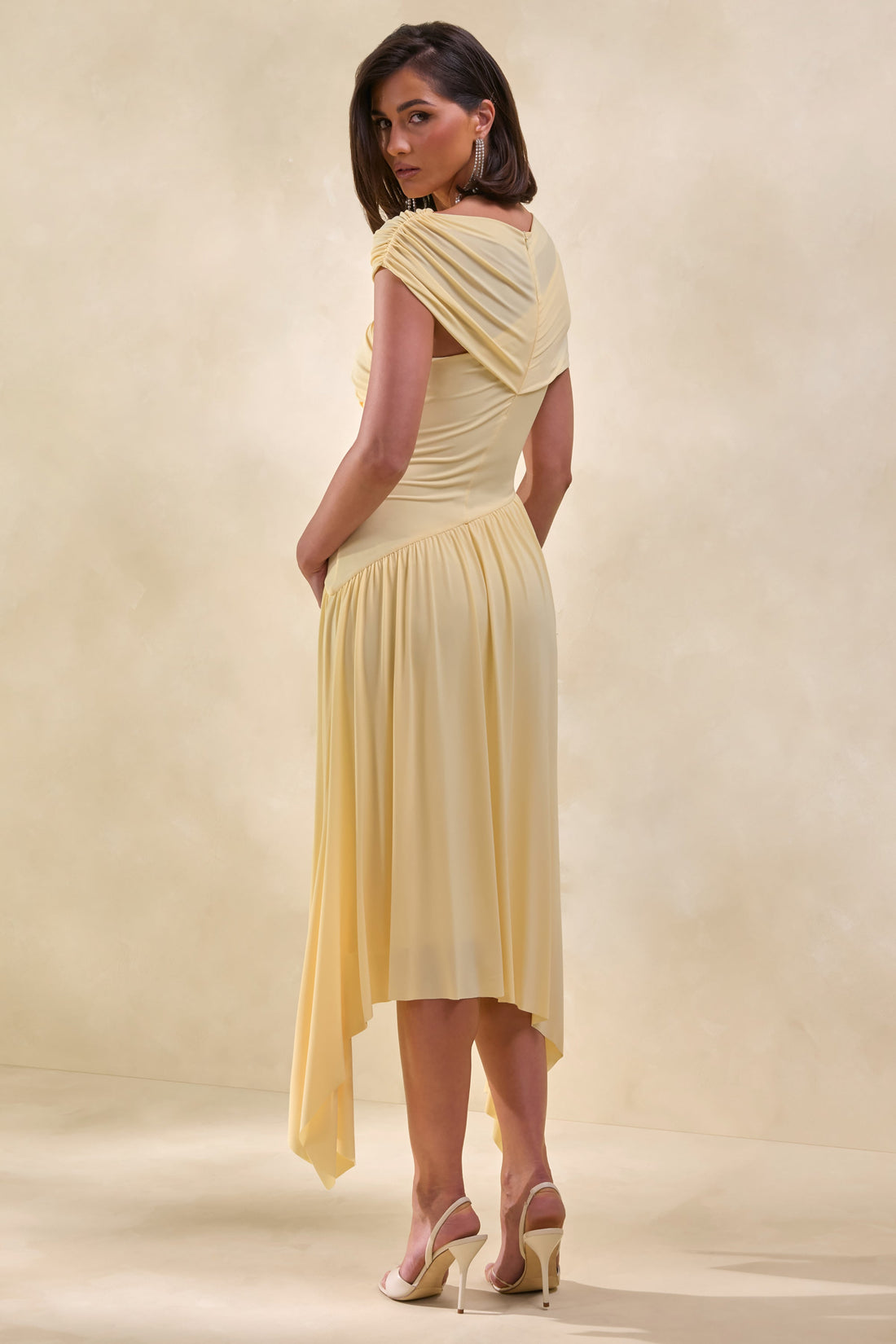 Lorina | Lemon High-Neck Midi Dress With Asymmetric-Waist