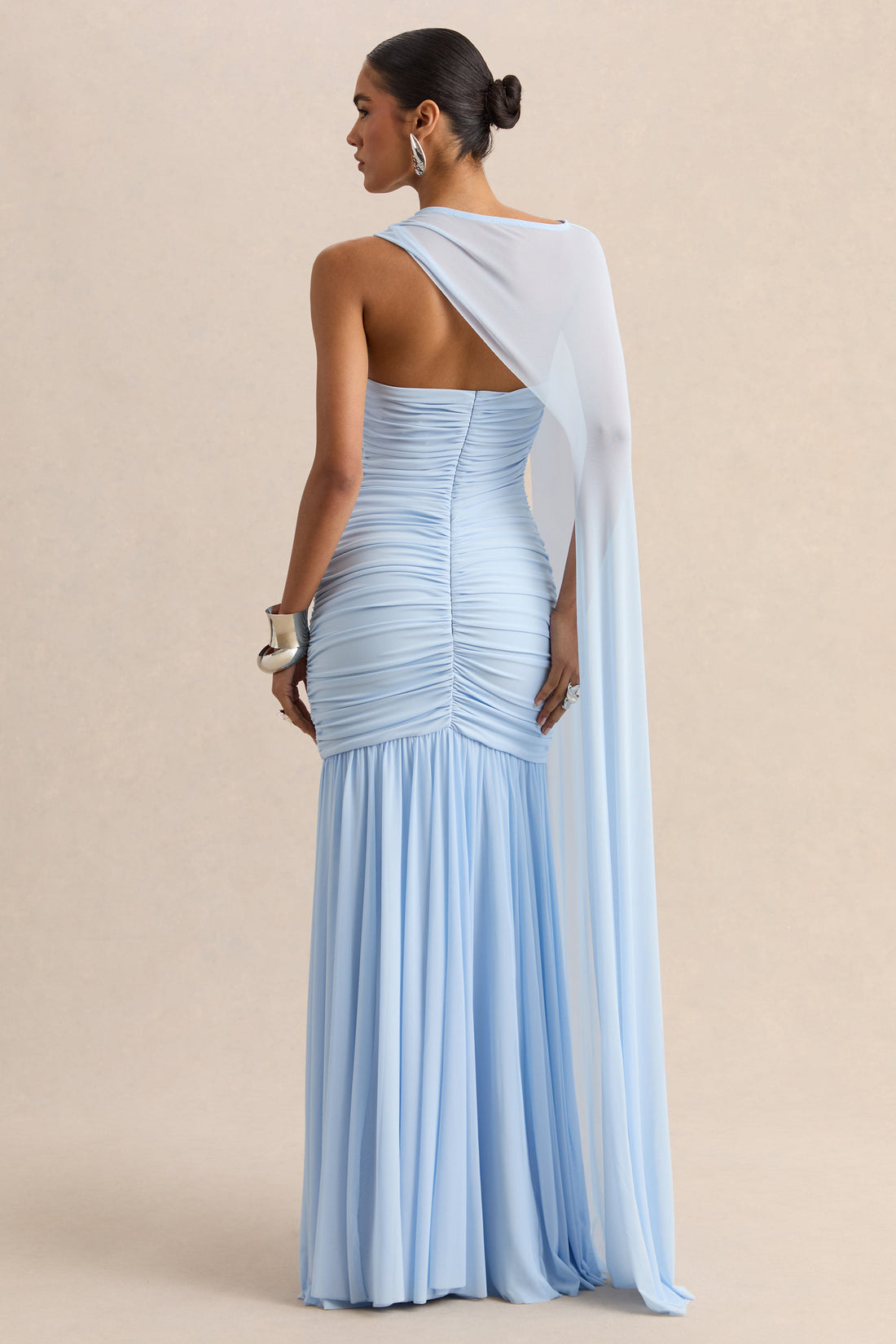 Ivanka | Powder Blue Asymmetric-Neck Maxi Dress With Cape Sleeve