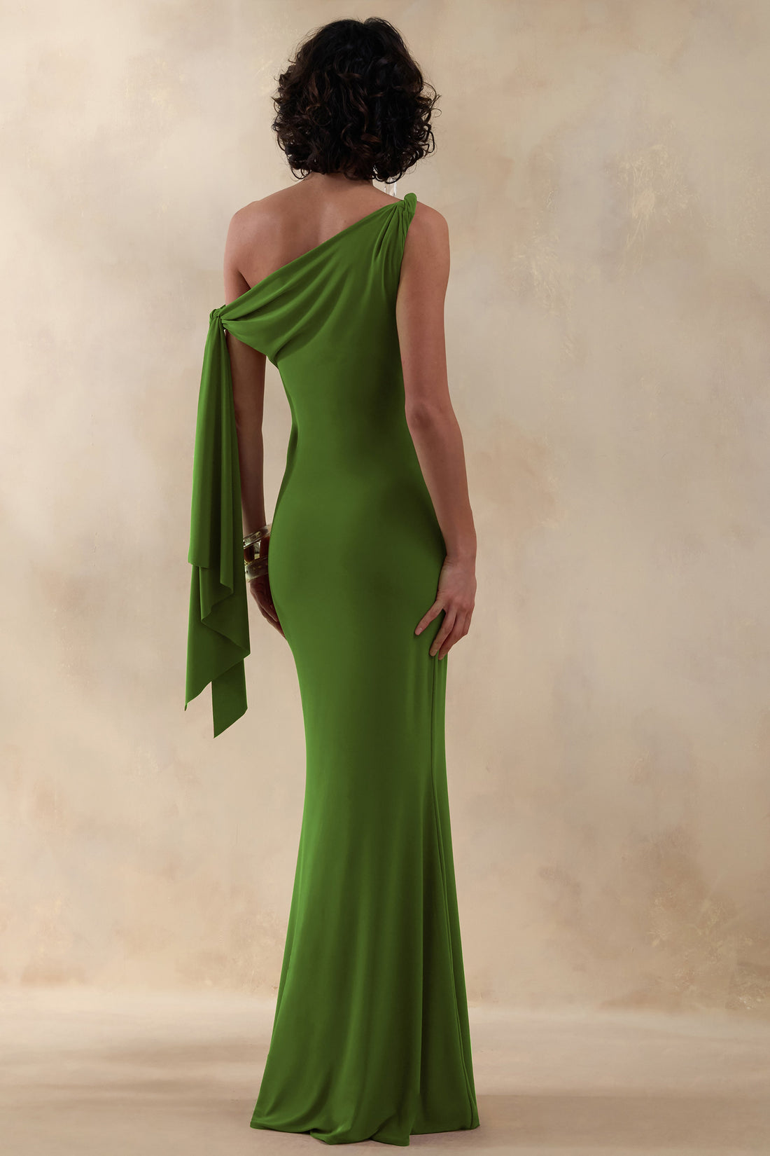 Vista | Green Asymmetric-Neck Maxi Dress With Knot-Sleeve Detail