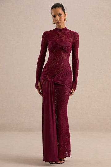 Akira | Red Lace Maxi Dress With Sash-Detail