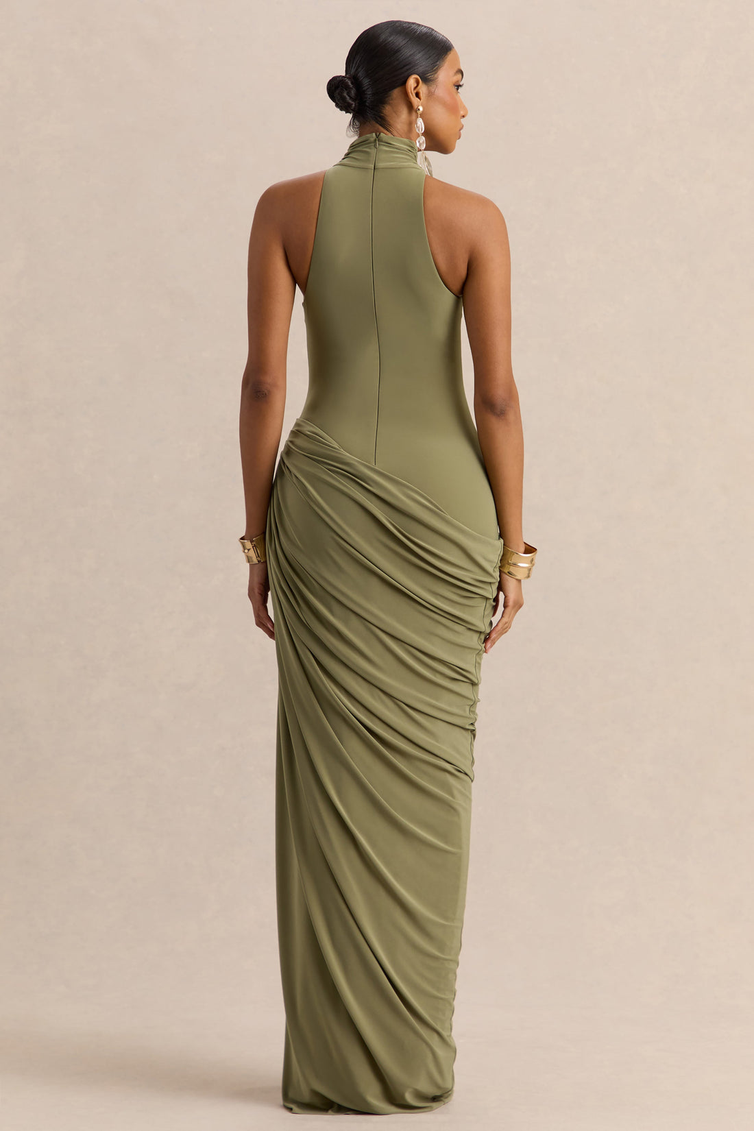 Junelia | Olive Jersey Ruched High Neck Maxi Dress With Draped Skirt