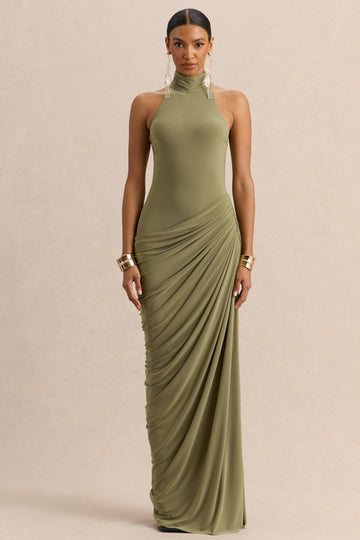Junelia | Olive Jersey Ruched High Neck Maxi Dress With Draped Skirt