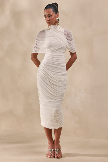Fleurise | Cream Mesh Midi Dress With Short Cape Sleeves And Ruched Details