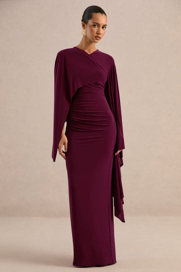 Fervora | Burgundy Round-Neck Maxi Dress With Gathered-Detailing And Sash