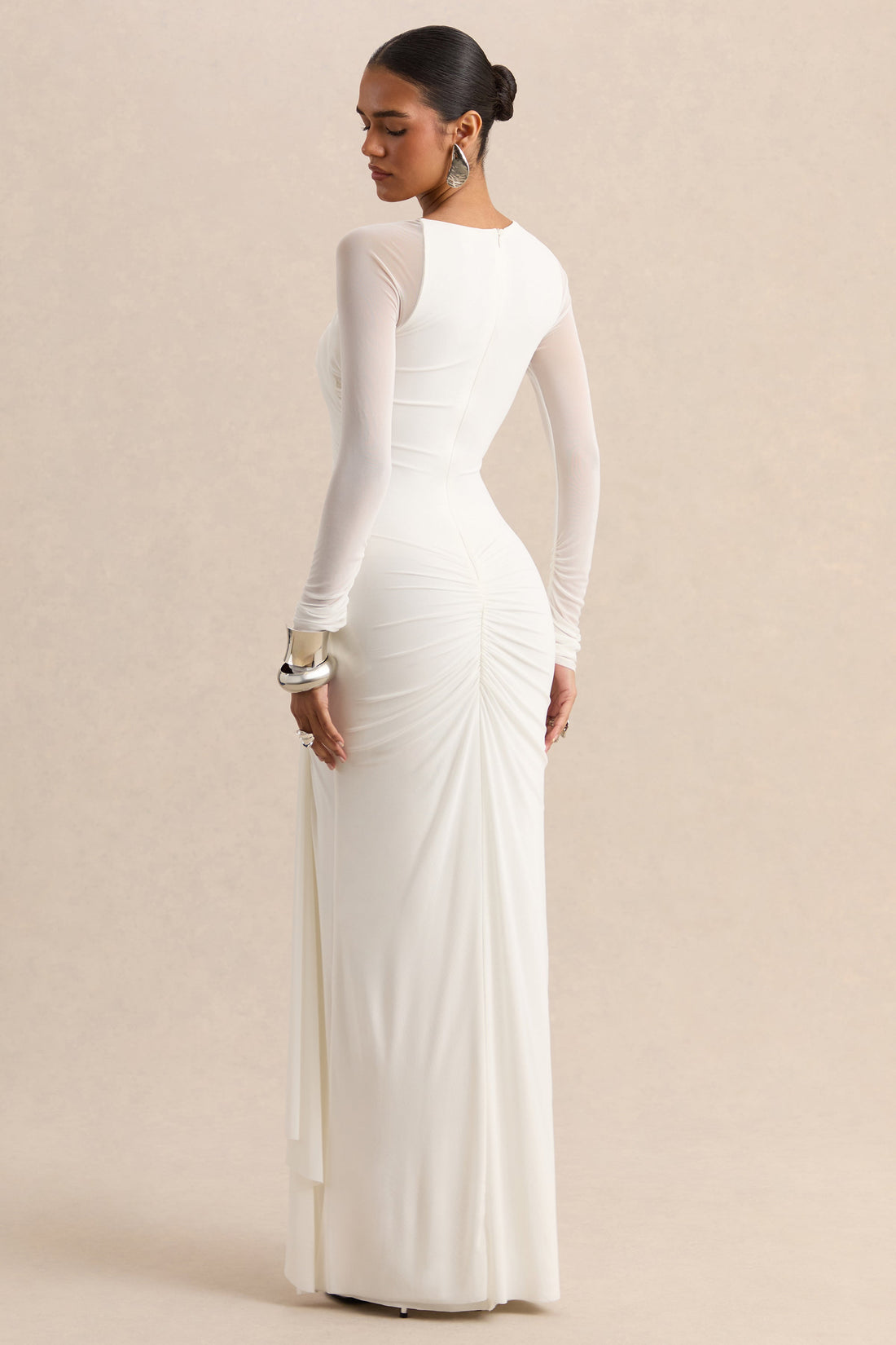 Rimena | White Asymmetric Neckline Maxi Dress With Draping And Long Mesh Sleeves