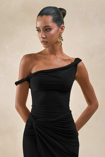 Kesia | Black Asymmetric Thong Bodysuit With Twisted Detail