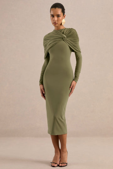Delaria | Olive Crew-Neck Midi Dress With Twist-Knot Detail