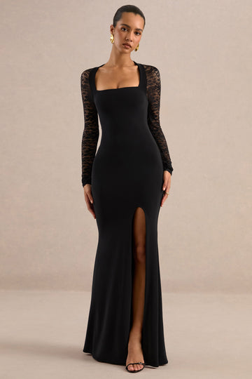 Anessa | Black Square-Neck Maxi Dress With Lace Long-Sleeves