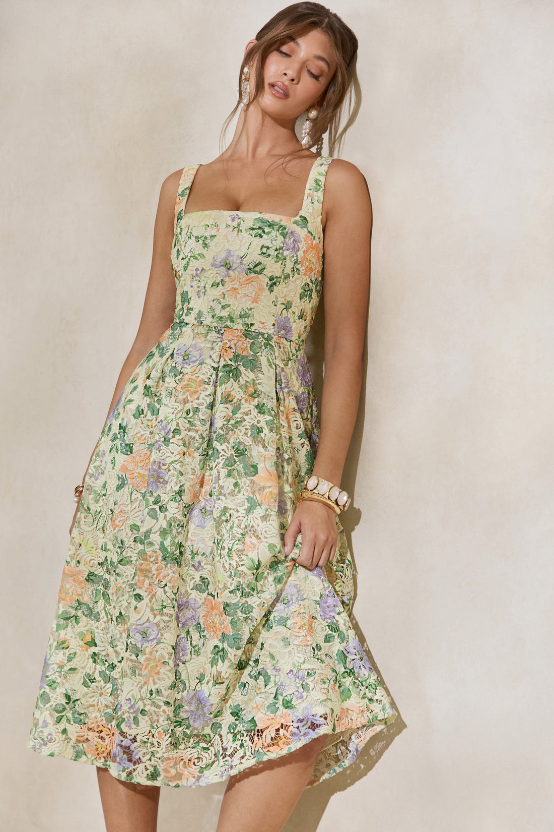 Lorielle | Lemon Floral Print Lace Square-Neck Midi Dress