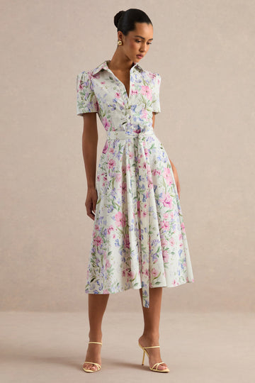 Viviette | Cream Midi Dress With Floral Print And Collar