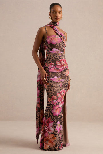 Navia | Brown Animal And Floral Print Square-Neck Maxi Dress With Sash Detail