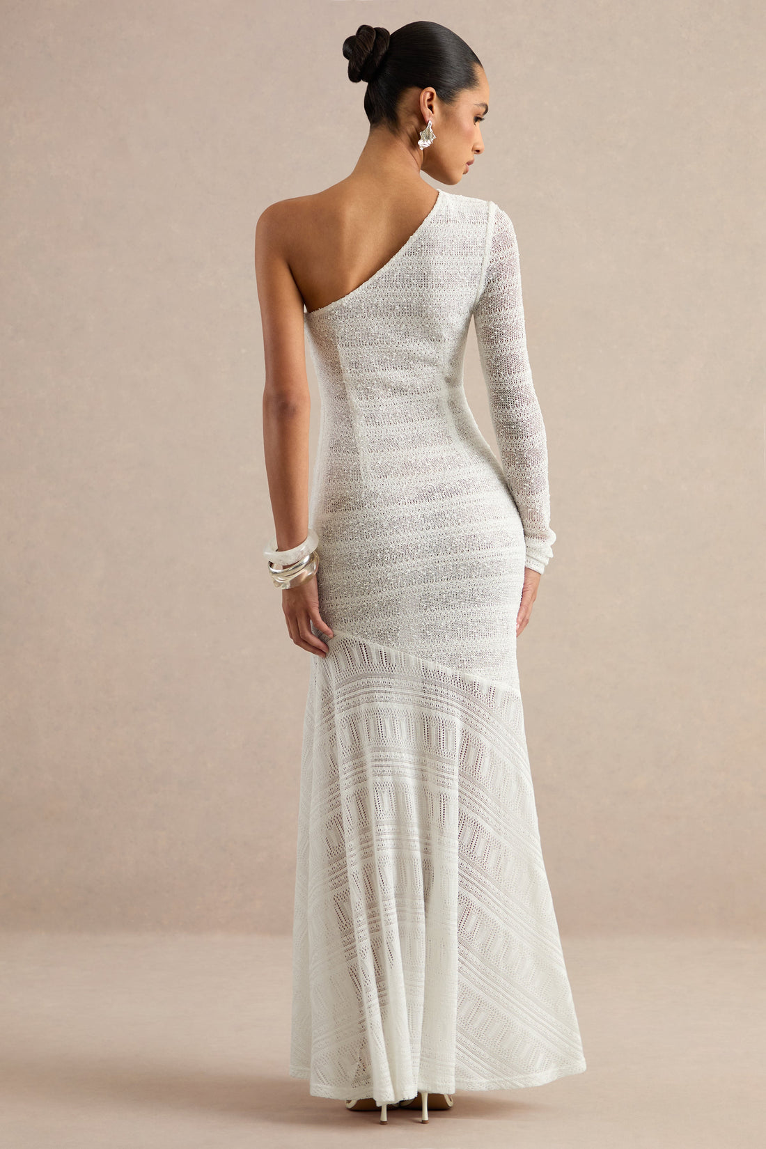 Orabella | White Maxi Dress With Asymmetric Neckline And Sheer Skirt
