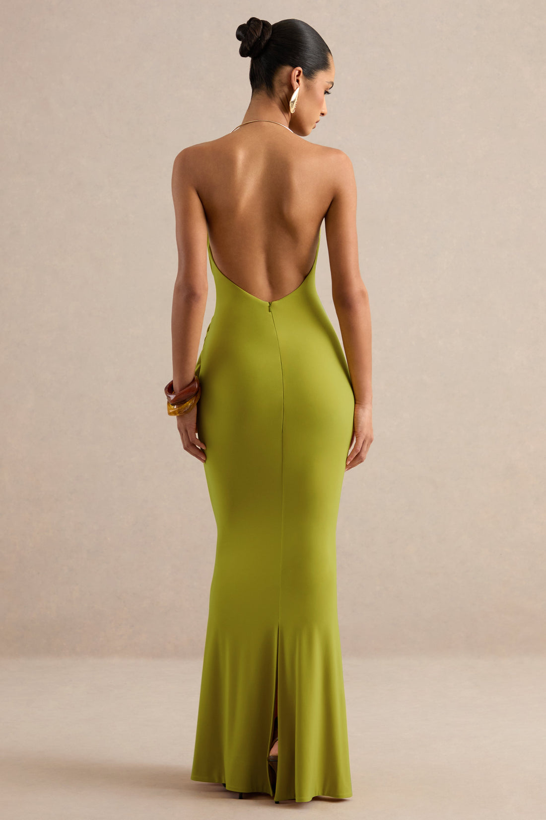 Dinara | Olive Green Halterneck Maxi Dress With Draped Details