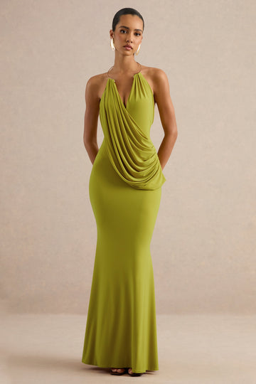 Dinara | Olive Green Halterneck Maxi Dress With Draped Details