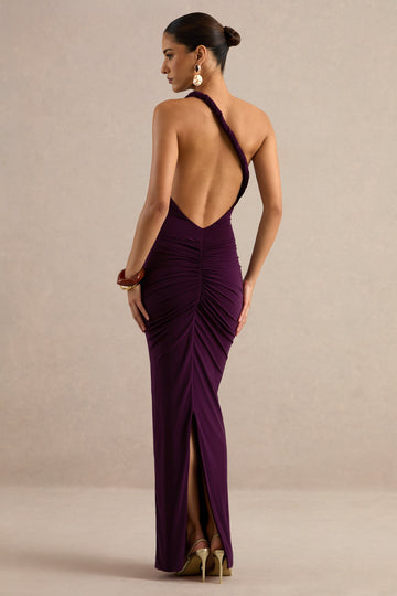 Indalie | Plum Red Maxi Dress With Twisted Asymmetric Neckline
